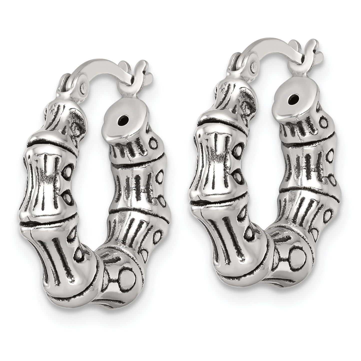 Sterling Silver Antiqued Textured Bamboo Round Hoop Earrings