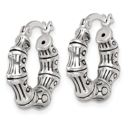 Sterling Silver Antiqued Textured Bamboo Round Hoop Earrings