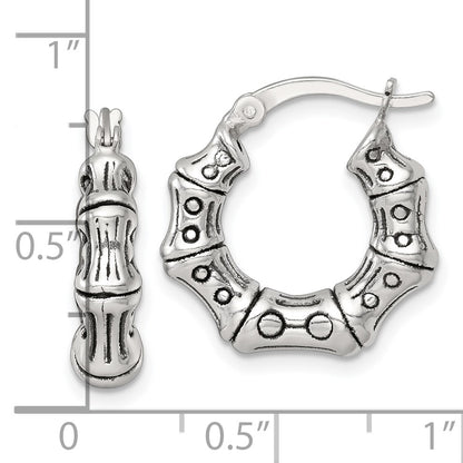 Sterling Silver Antiqued Textured Bamboo Round Hoop Earrings