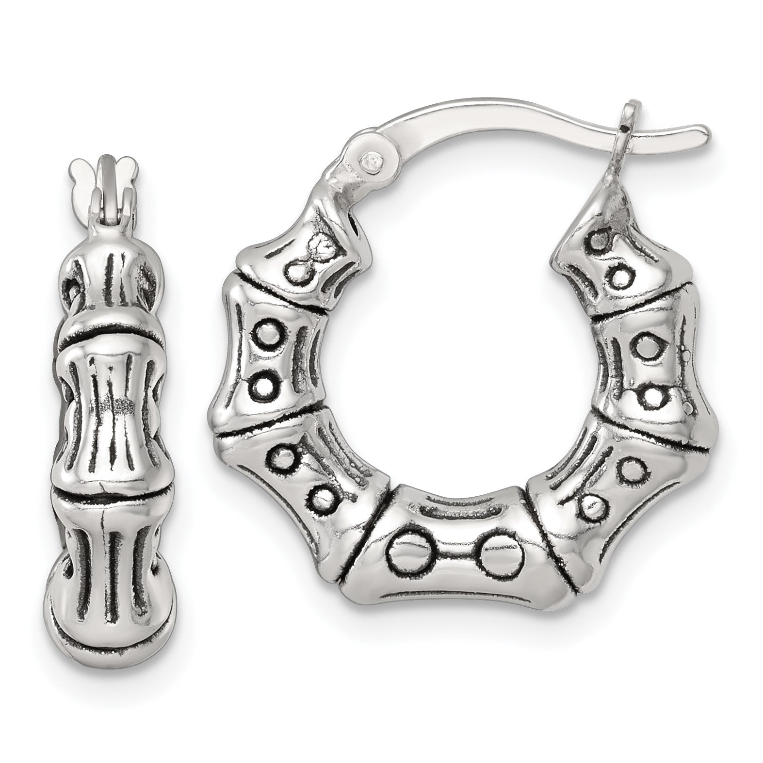 Sterling Silver Antiqued Textured Bamboo Round Hoop Earrings