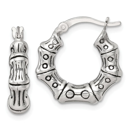 Sterling Silver Antiqued Textured Bamboo Round Hoop Earrings