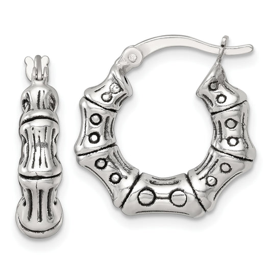 Sterling Silver Antiqued Textured Bamboo Round Hoop Earrings