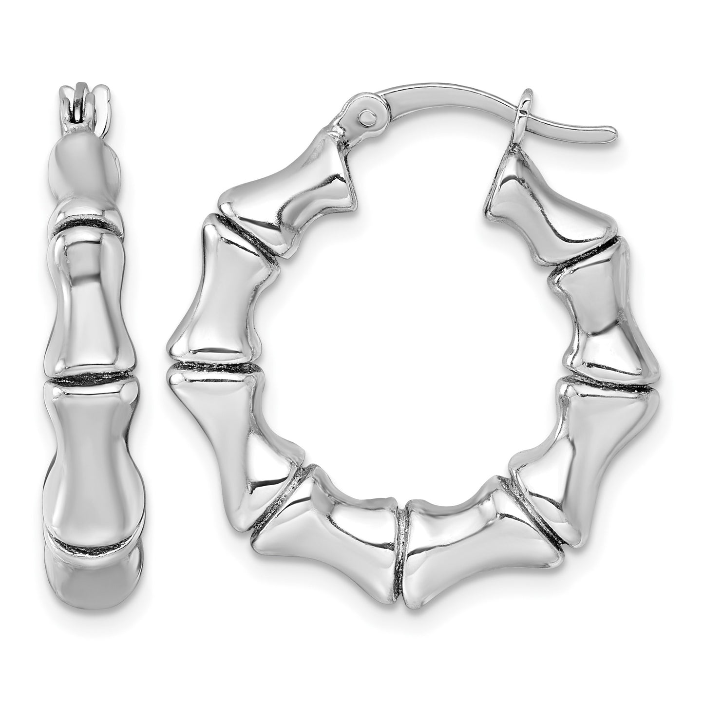 Sterling Silver Rhodium-plated Polished Bamboo Round Hoop Earrings