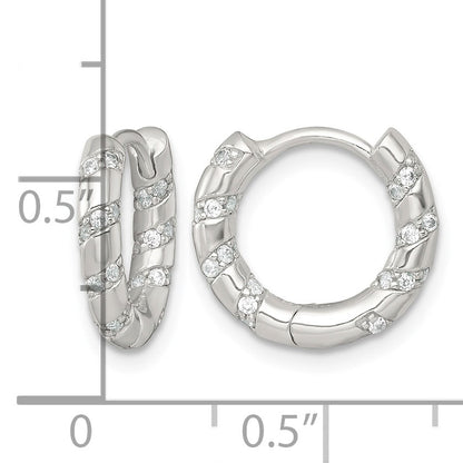 Sterling Silver Polished CZ Round Hinged Hoop Earrings