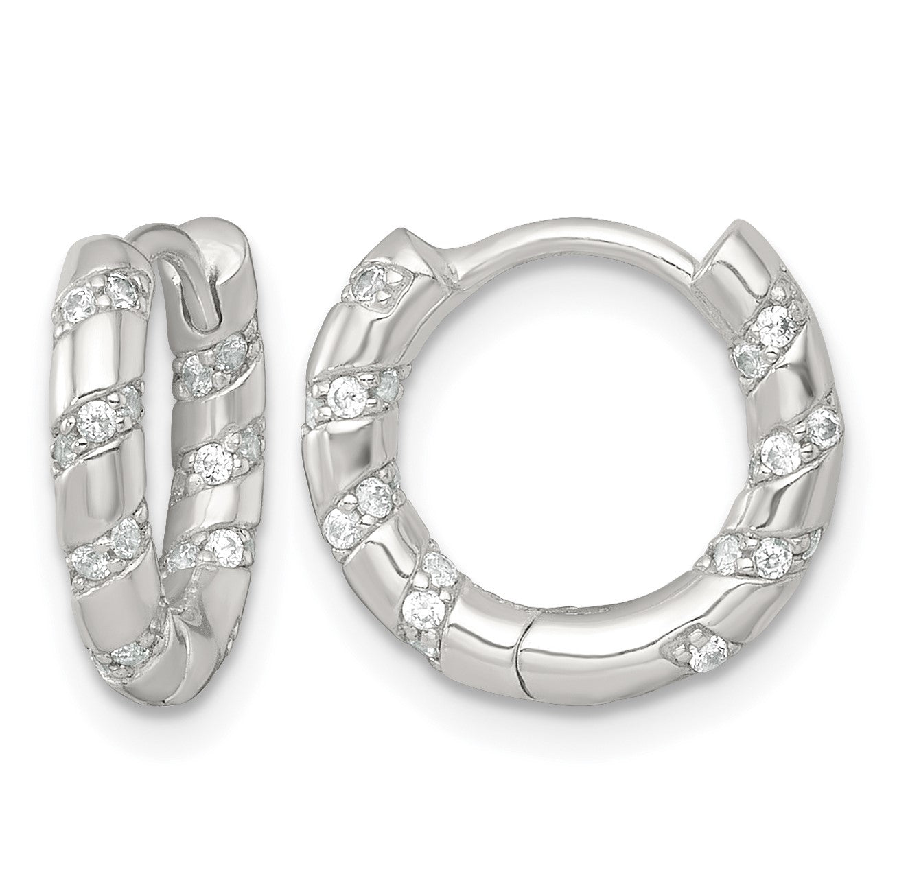 Sterling Silver Polished CZ Round Hinged Hoop Earrings