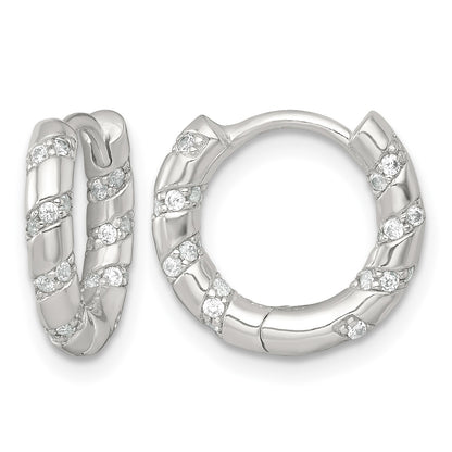 Sterling Silver Polished CZ Round Hinged Hoop Earrings