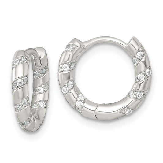 Sterling Silver Polished CZ Round Hinged Hoop Earrings