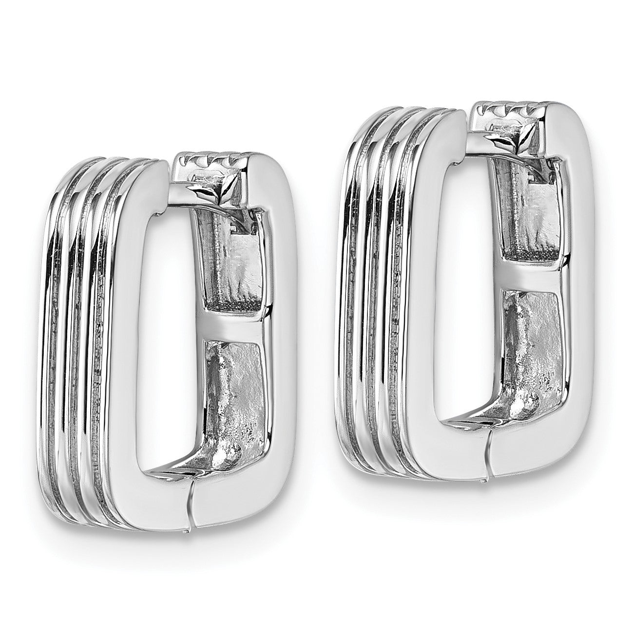 Sterling Silver Rhodium-plated Polished And Grooved 3.5mm x 14mm Square Hinged Hoop Earrings