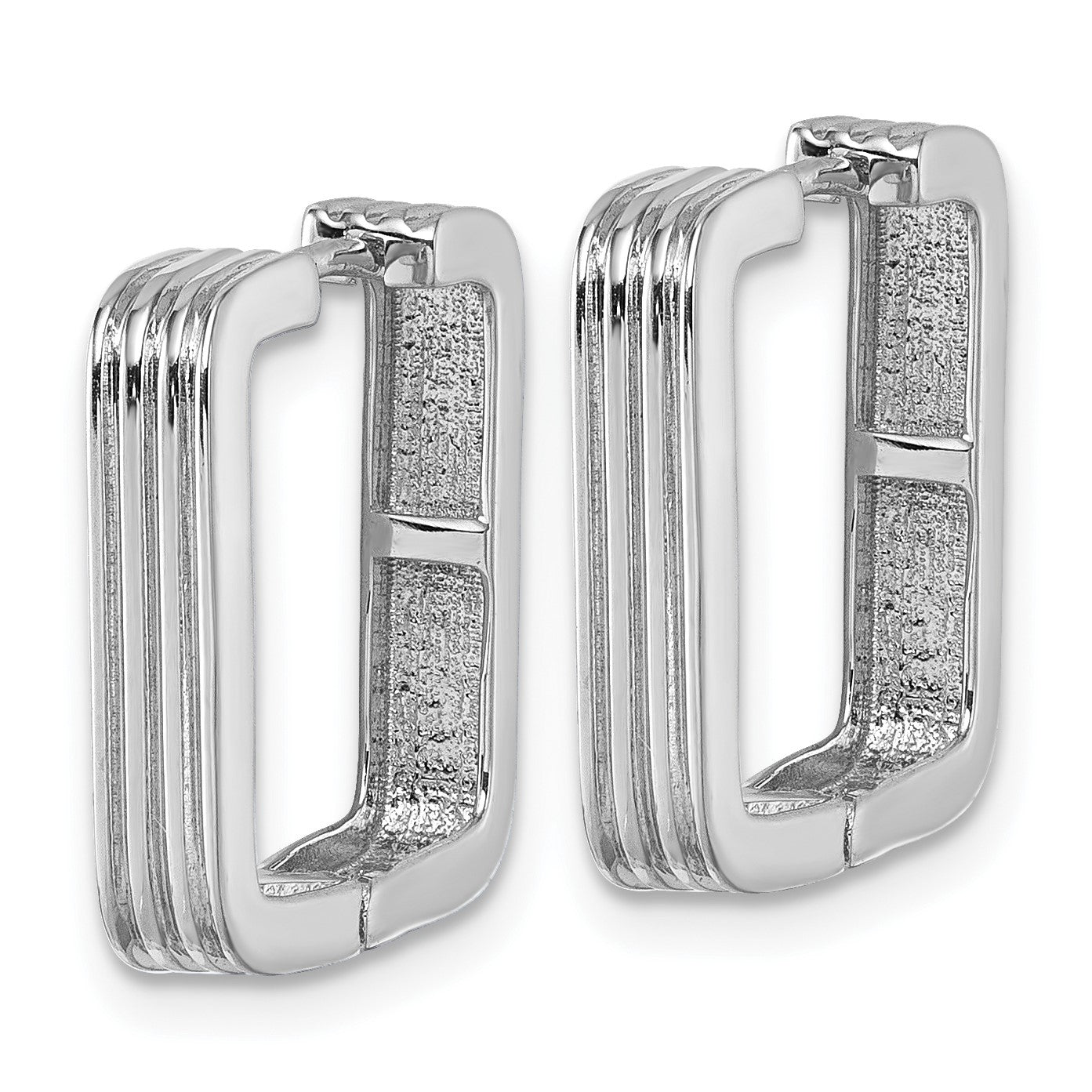 Sterling Silver Rhodium-plated Polished And Grooved 3.5mm x 17mm Square Hinged Hoop Earrings