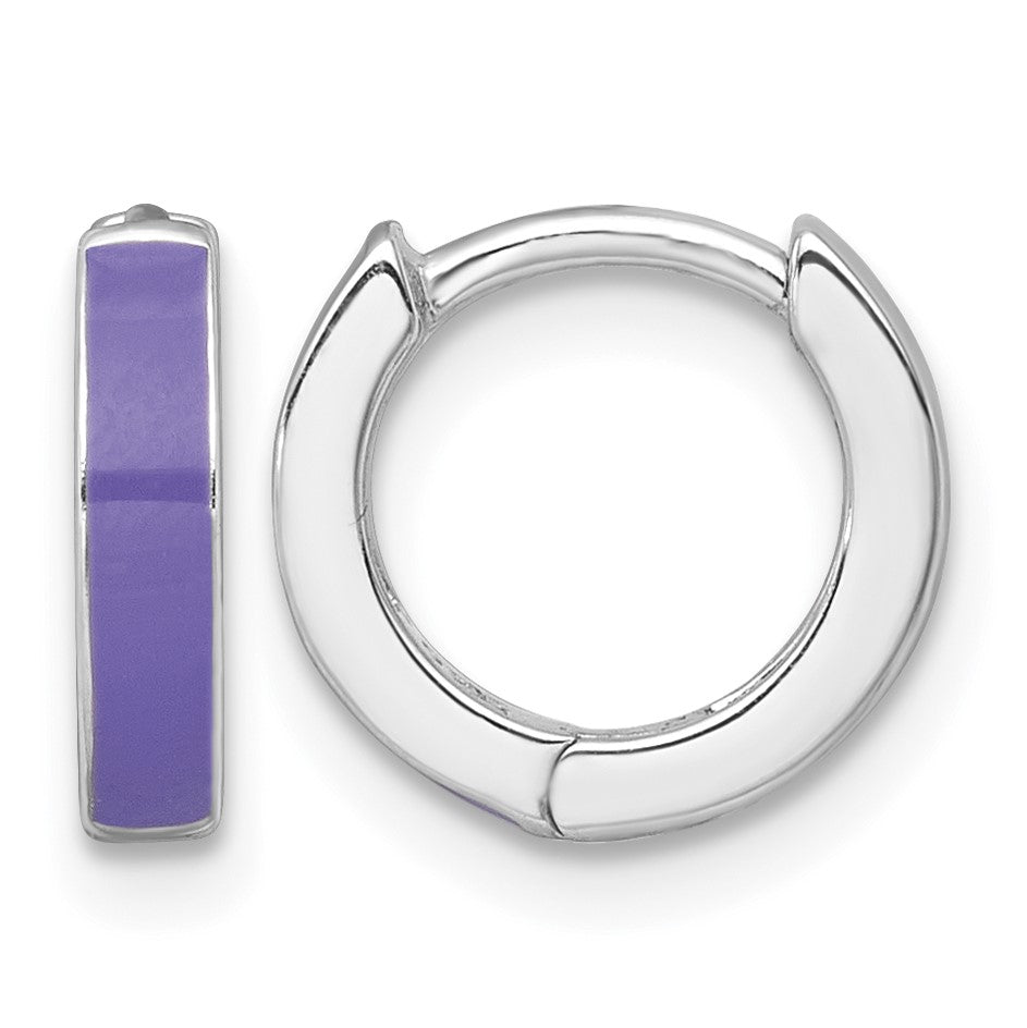 Sterling Silver Rhodium-plated Polished Purple Enameled Hinged Round Hoop Earrings