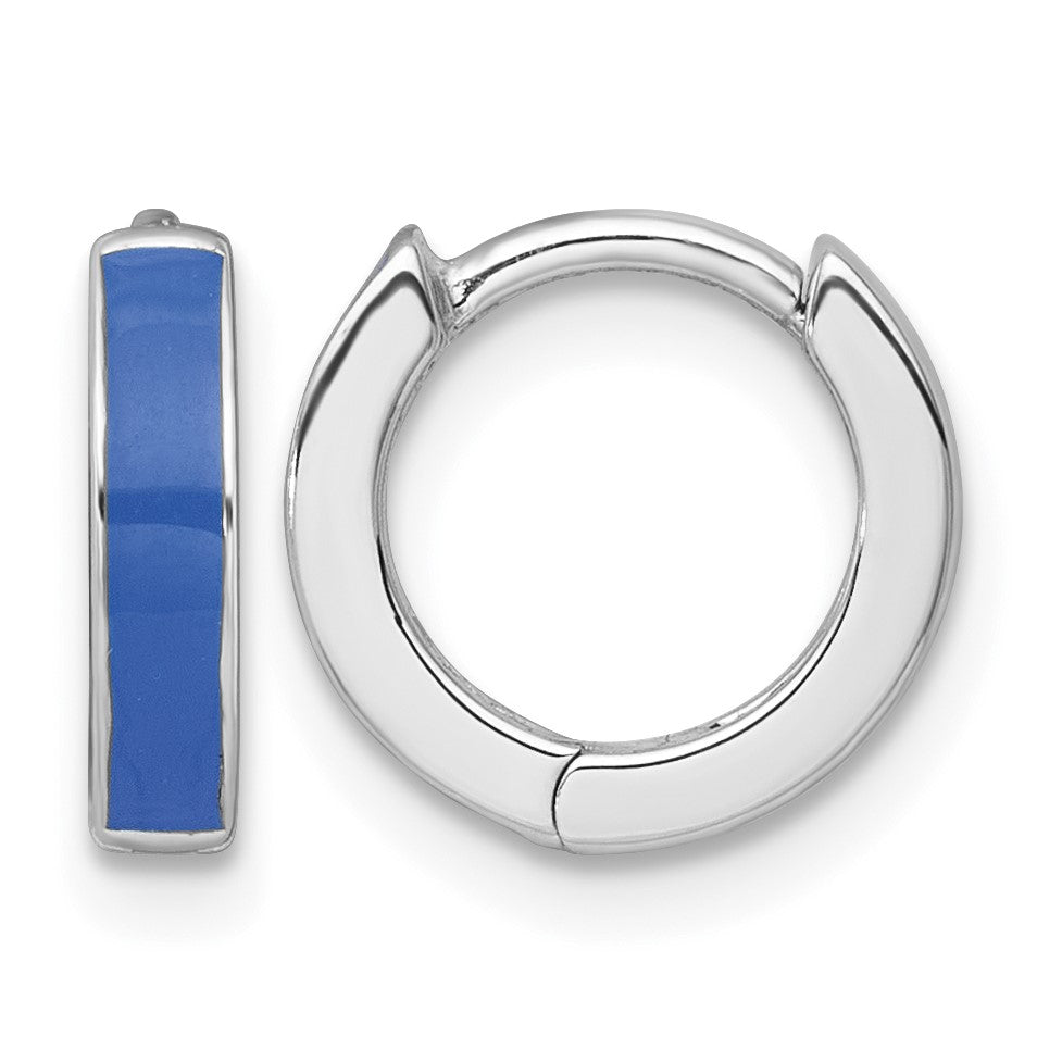 Sterling Silver Rhodium-plated Polished Blue Enameled Hinged Round Hoop Earrings