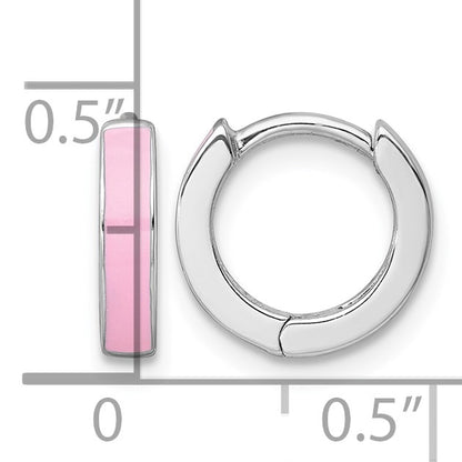 Sterling Silver Rhodium-plated Polished Pink Enameled Hinged Round Hoop Earrings