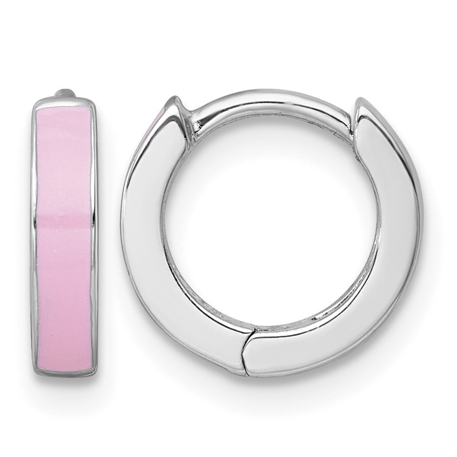 Sterling Silver Rhodium-plated Polished Pink Enameled Hinged Round Hoop Earrings