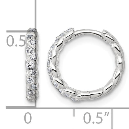 Sterling Silver Polished and Twisted 2.2mm x 12mm CZ Hinged Round Hoop Earrings