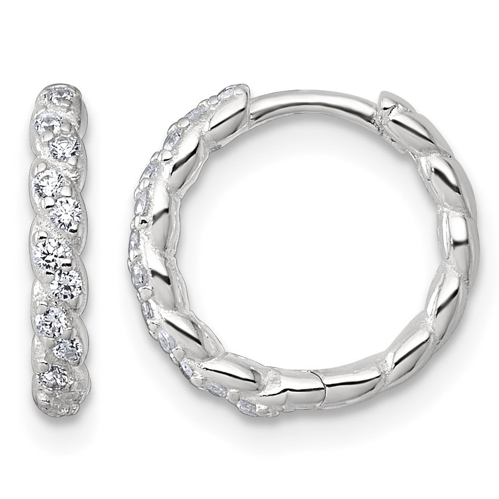 Sterling Silver Polished and Twisted 2.2mm x 12mm CZ Hinged Round Hoop Earrings