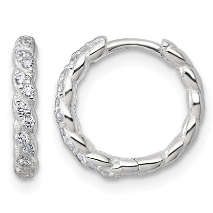 Sterling Silver Polished and Twisted 2.2mm x 12mm CZ Hinged Round Hoop Earrings