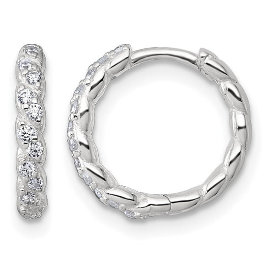 Sterling Silver Polished and Twisted 2.2mm x 12mm CZ Hinged Round Hoop Earrings