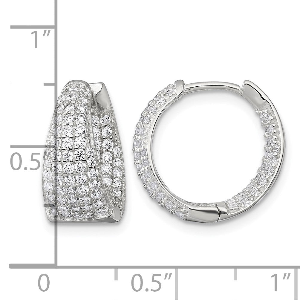 Sterling Silver Polished Tapered In and Out CZ 16mm Hinged Round Hoop Earrings