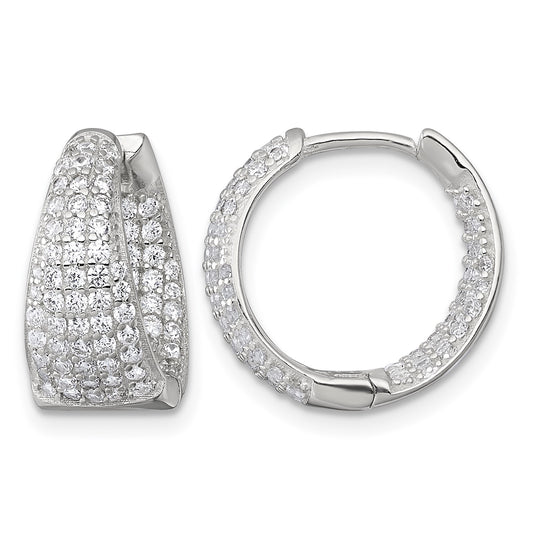 Sterling Silver Polished Tapered In and Out CZ 16mm Hinged Round Hoop Earrings