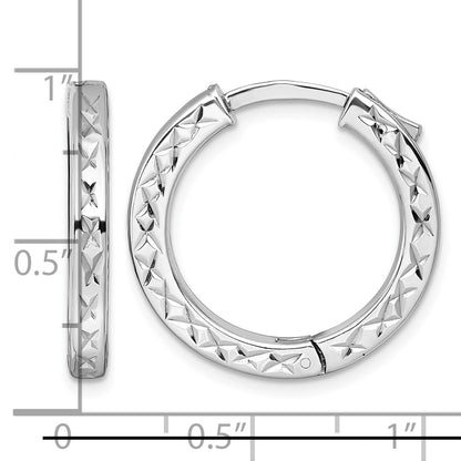 Sterling Silver Rhodium-plated Polished Diamond-cut 3x23mm with Safety Lock Hinged Square Tube Hoop Earrings