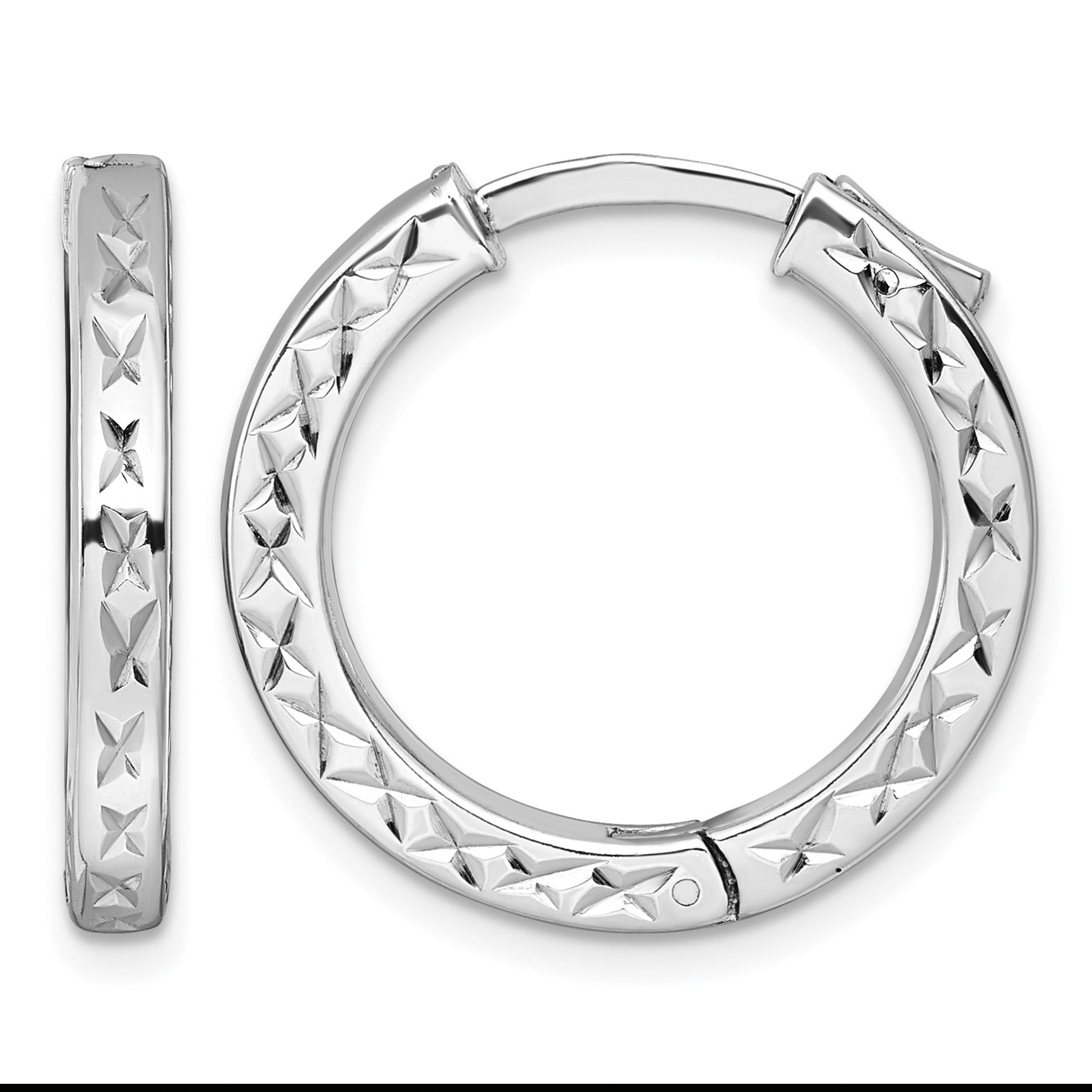 Sterling Silver Rhodium-plated Polished Diamond-cut 3x23mm with Safety Lock Hinged Square Tube Hoop Earrings