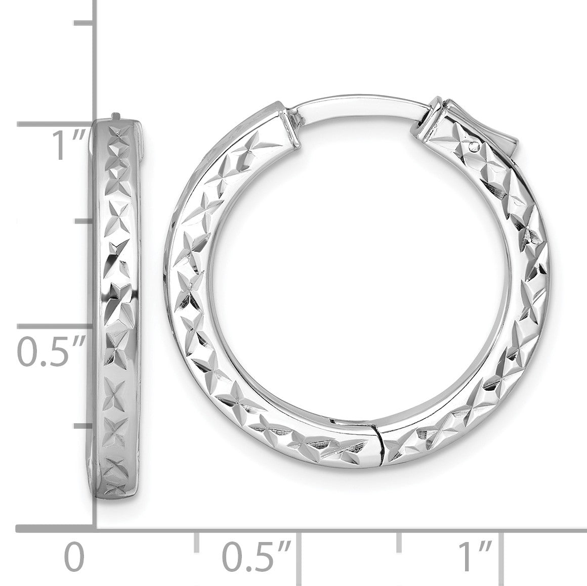 Sterling Silver Rhodium-plated Polished Diamond-cut 3x25mm with Safety Lock Hinged Square Tube Hoop Earrings