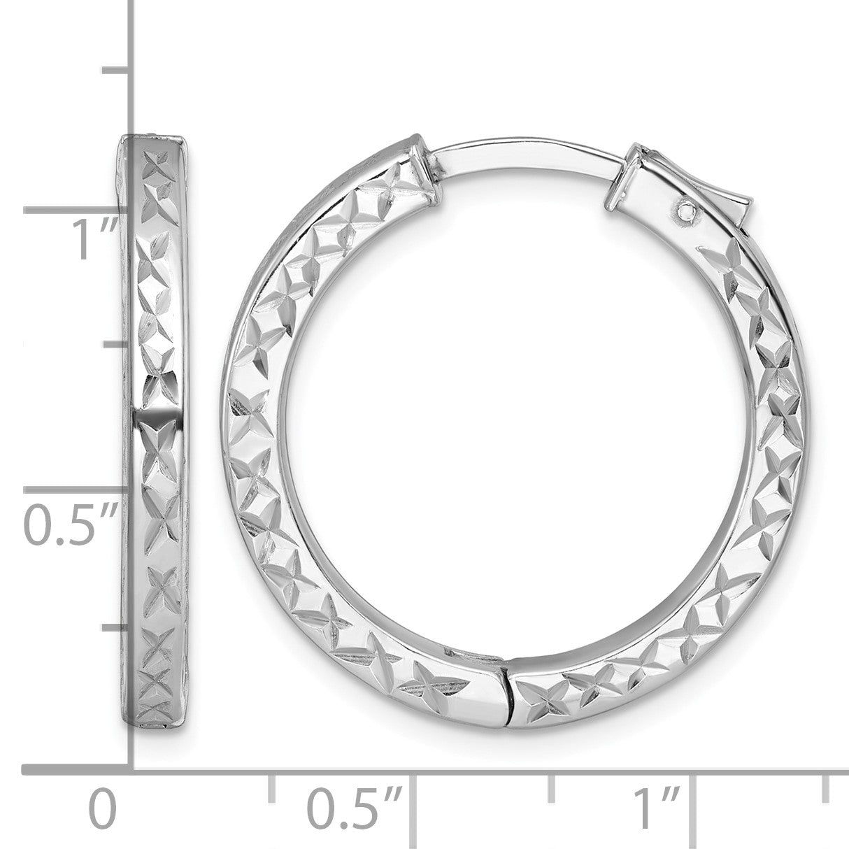 Sterling Silver Rhodium-plated Polished Diamond-cut 3x28mm with Safety Lock Hinged Square Tube Hoop Earrings