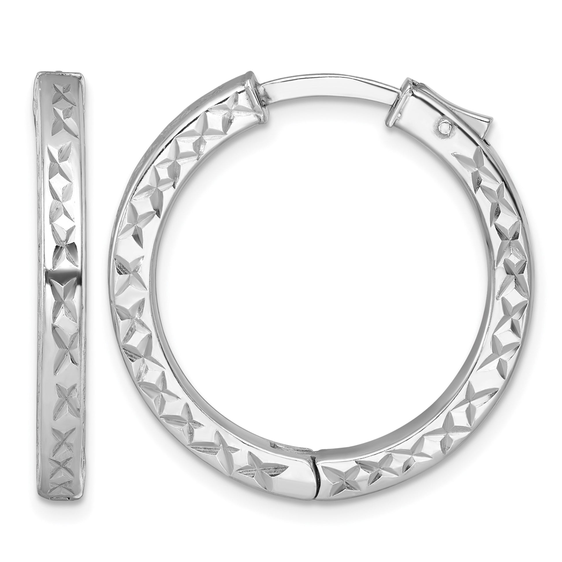 Sterling Silver Rhodium-plated Polished Diamond-cut 3x28mm with Safety Lock Hinged Square Tube Hoop Earrings