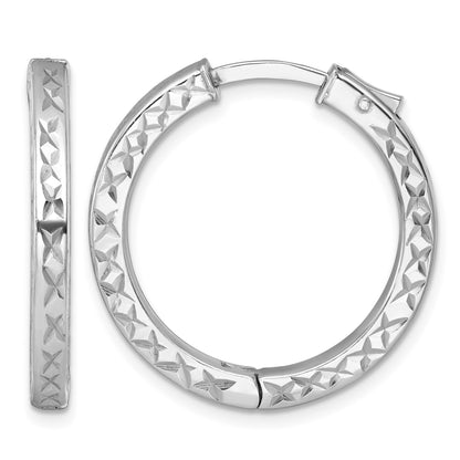 Sterling Silver Rhodium-plated Polished Diamond-cut 3x28mm with Safety Lock Hinged Square Tube Hoop Earrings