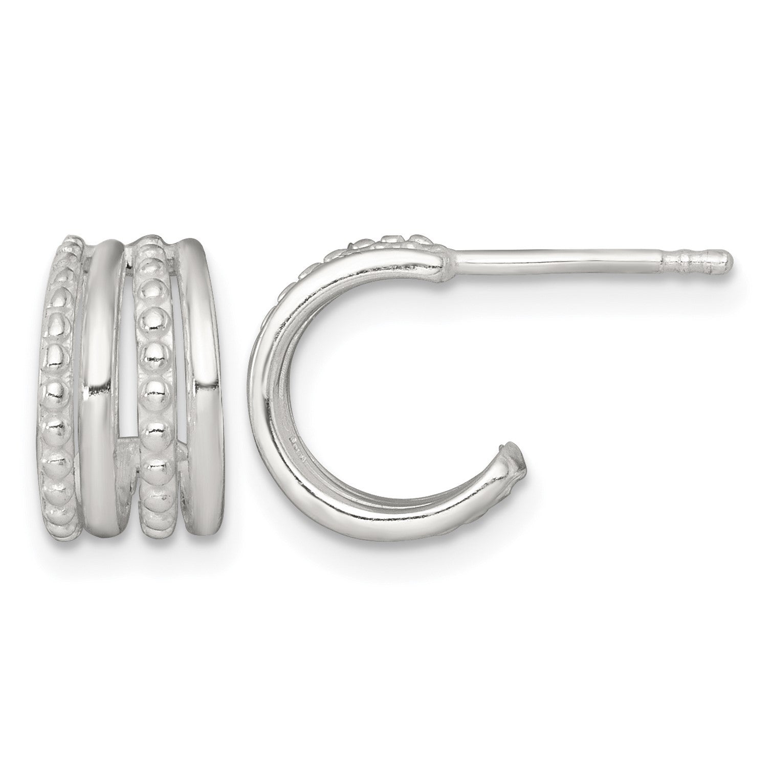 Sterling Silver Polished and Beaded 4-Row C-Hoop Post Earrings