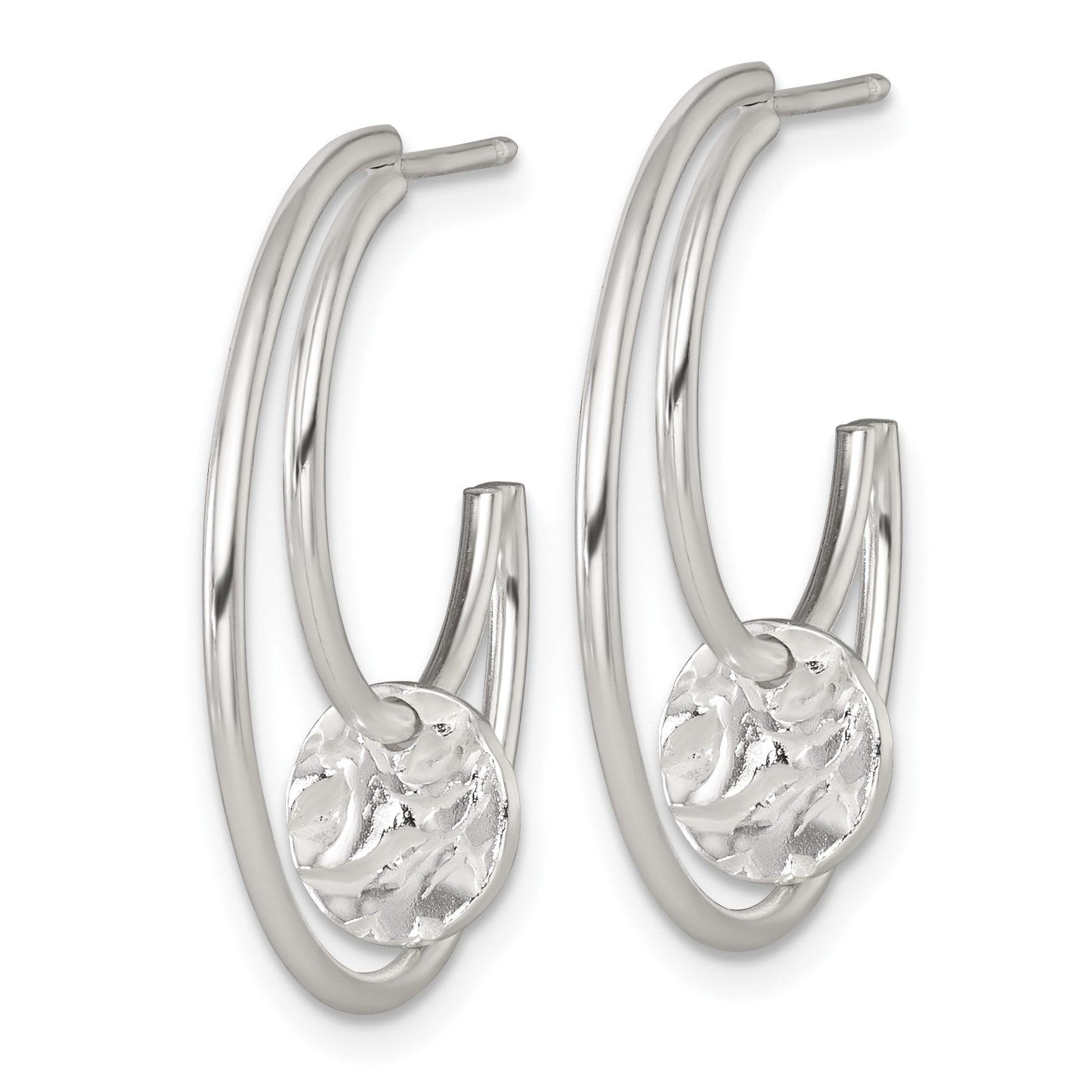 Sterling Silver Polished Textured Moveable Disc Fancy Crescent Moon C-Hoop Post Earrings