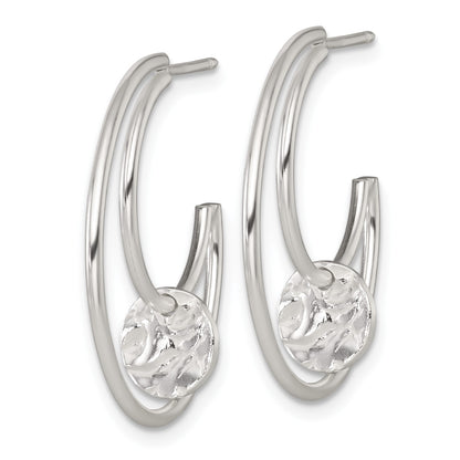 Sterling Silver Polished Textured Moveable Disc Fancy Crescent Moon C-Hoop Post Earrings