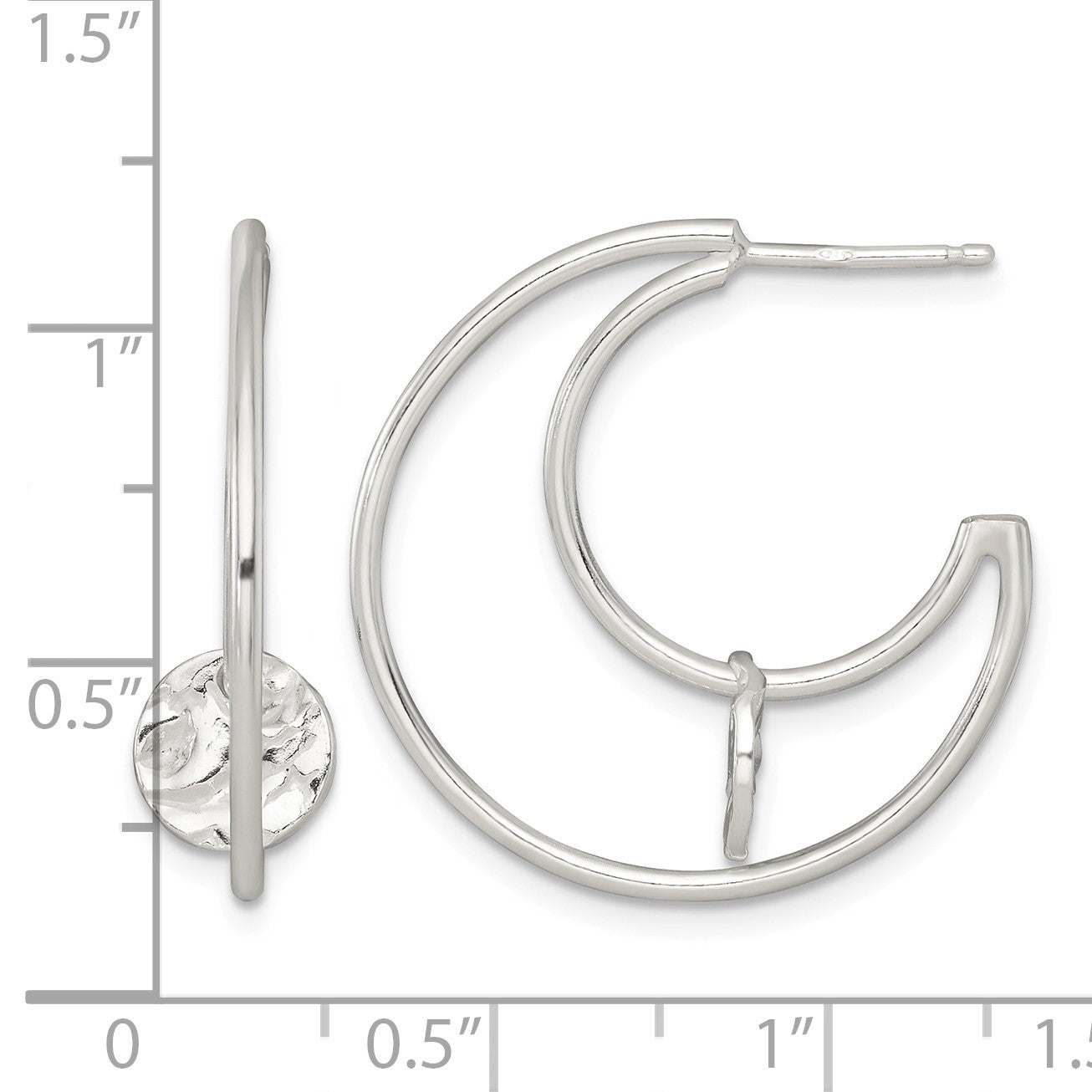 Sterling Silver Polished Textured Moveable Disc Fancy Crescent Moon C-Hoop Post Earrings