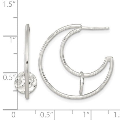 Sterling Silver Polished Textured Moveable Disc Fancy Crescent Moon C-Hoop Post Earrings