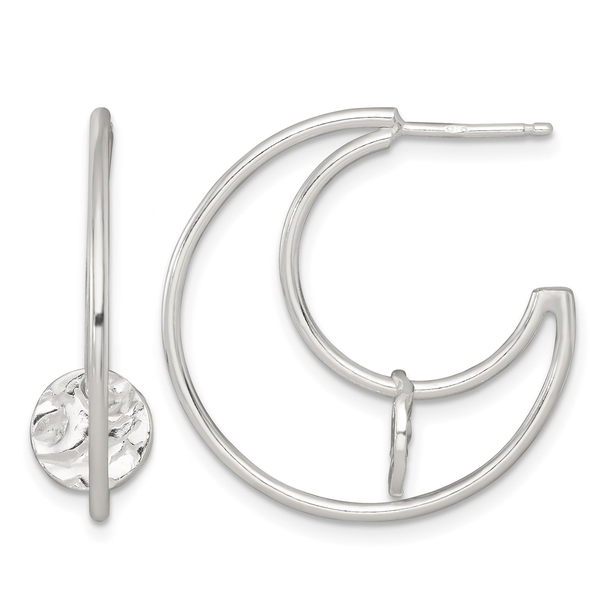 Sterling Silver Polished Textured Moveable Disc Fancy Crescent Moon C-Hoop Post Earrings