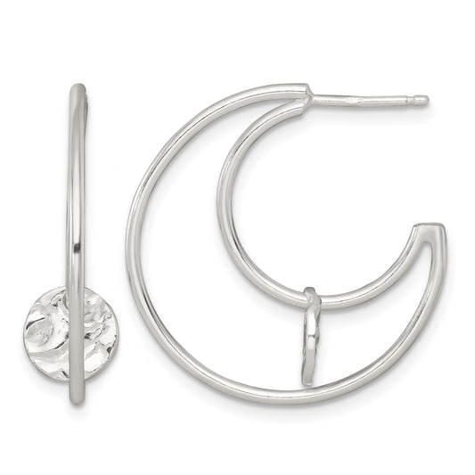 Sterling Silver Polished Textured Moveable Disc Fancy Crescent Moon C-Hoop Post Earrings