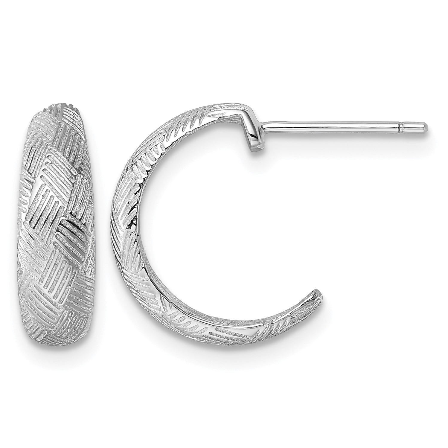 Sterling Silver Rhodium-plated Textured Woven Design Post J-Hoop Earrings