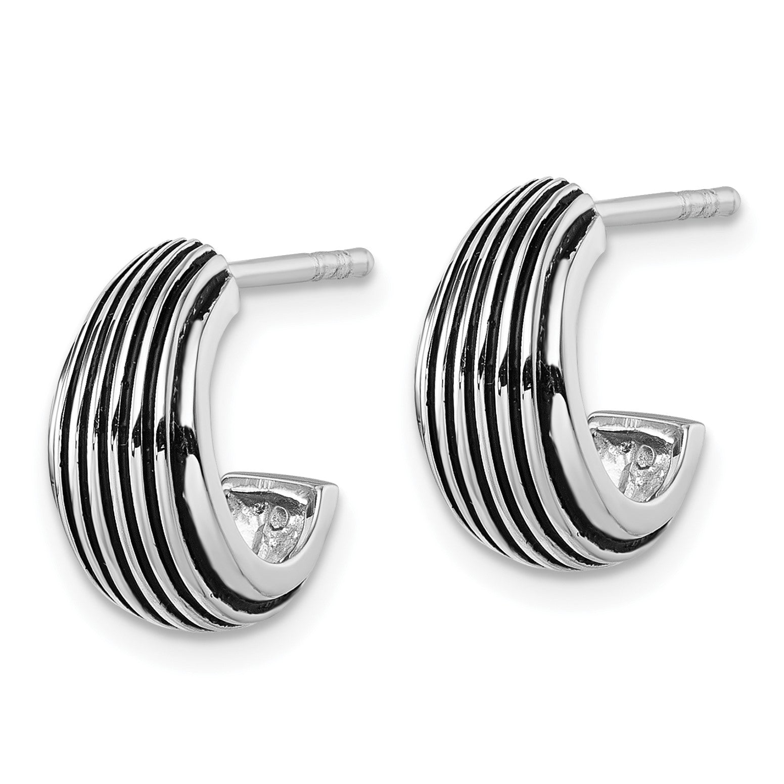Sterling Silver Rhodium-plated Antiqued Grooved Graduated J-Hoop Post Earrings