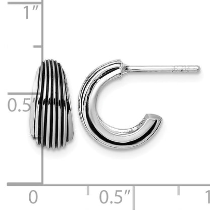 Sterling Silver Rhodium-plated Antiqued Grooved Graduated J-Hoop Post Earrings
