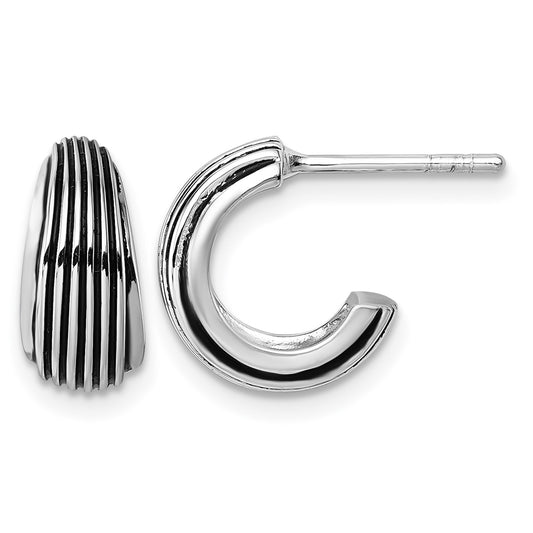 Sterling Silver Rhodium-plated Antiqued Grooved Graduated J-Hoop Post Earrings