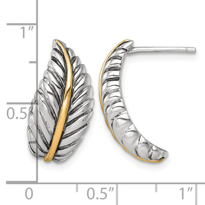 Sterling Silver Antiqued with 14k Accent Polished Feather Post Earrings