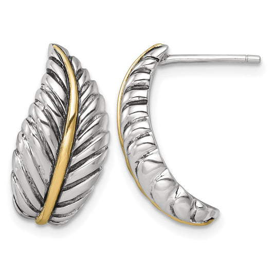 Sterling Silver Antiqued with 14k Accent Polished Feather Post Earrings