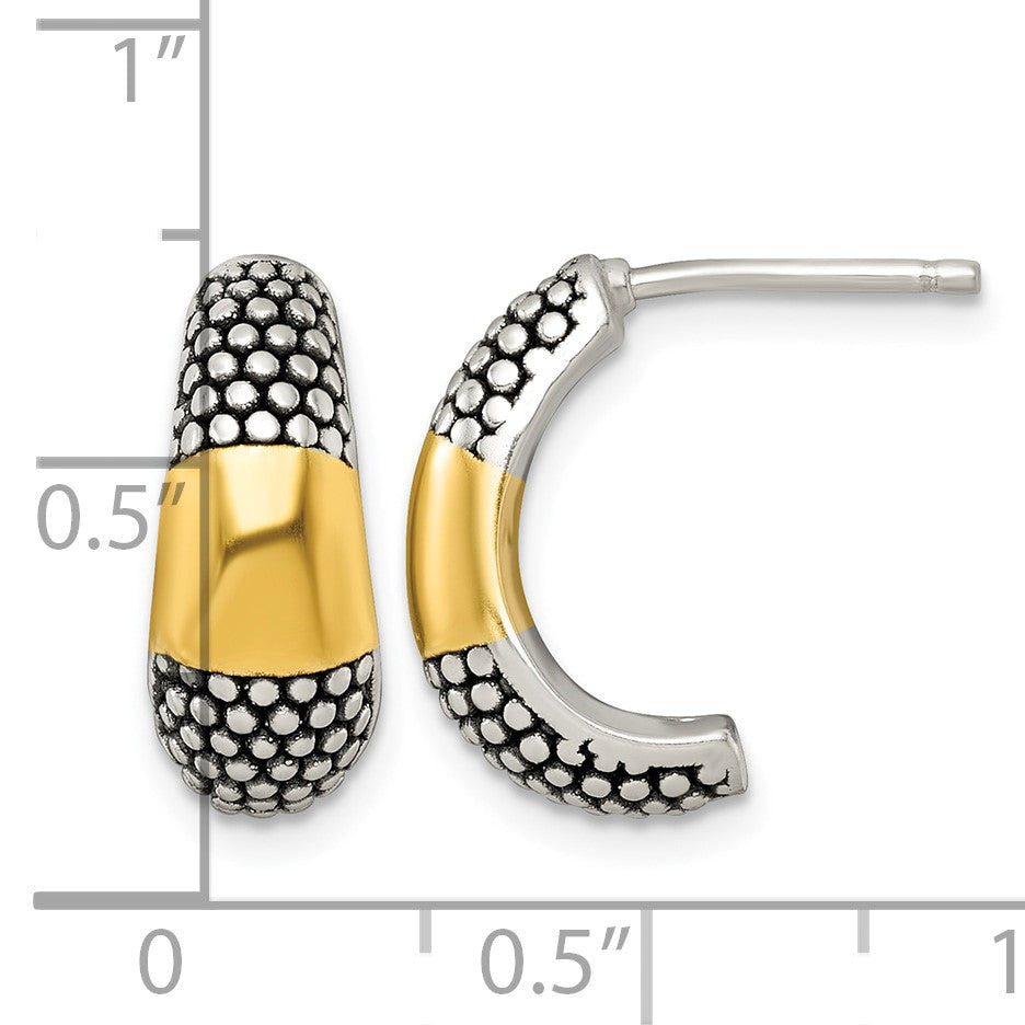 Sterling Silver and Gold-tone Polished Antiqued Textured Post J-Hoop Earrings