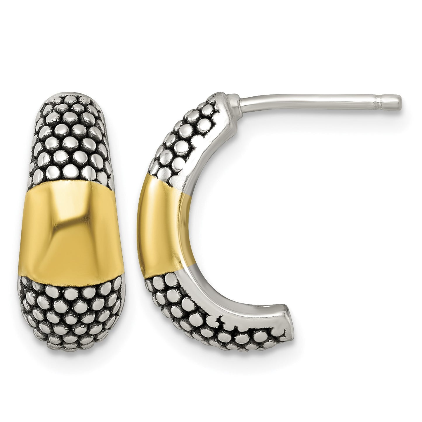 Sterling Silver and Gold-tone Polished Antiqued Textured Post J-Hoop Earrings