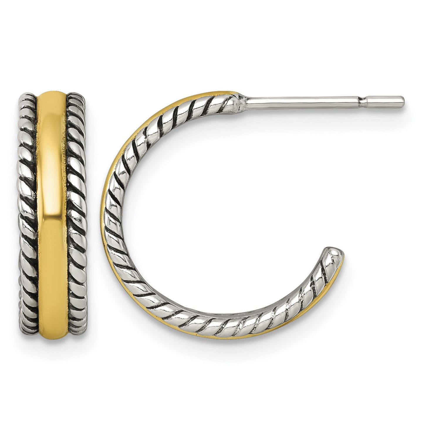 Sterling Silver and Gold-tone Antiqued Textured Post C-Hoop Earrings