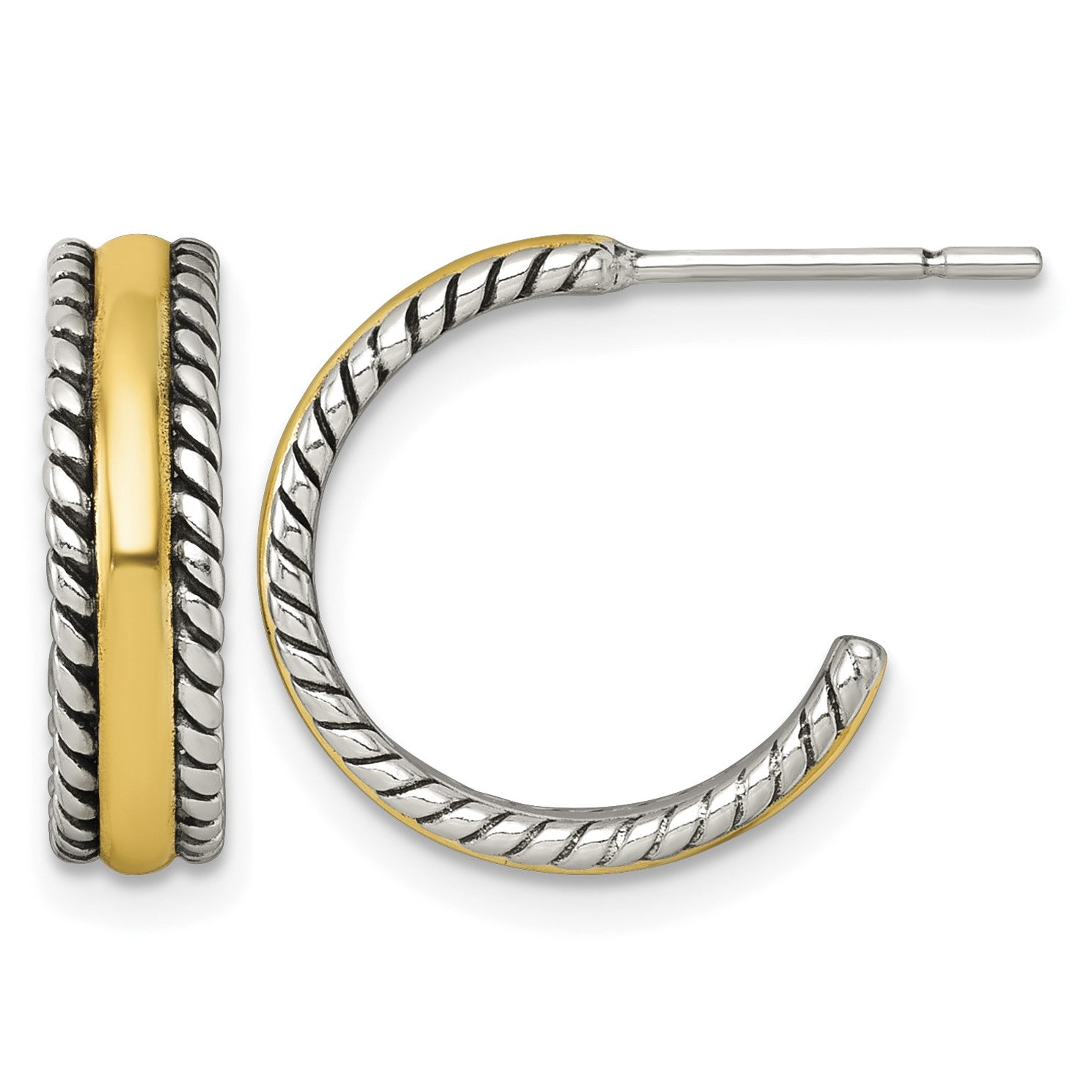 Sterling Silver and Gold-tone Antiqued Textured Post C-Hoop Earrings