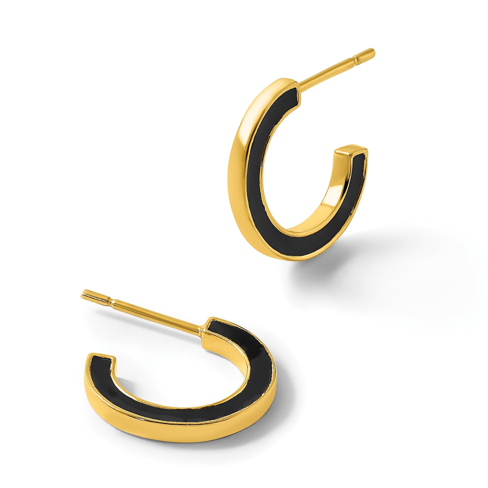 Sterling Silver Gold-tone Polished Black Enamel 15x2mm Post C-Hoop Earrings