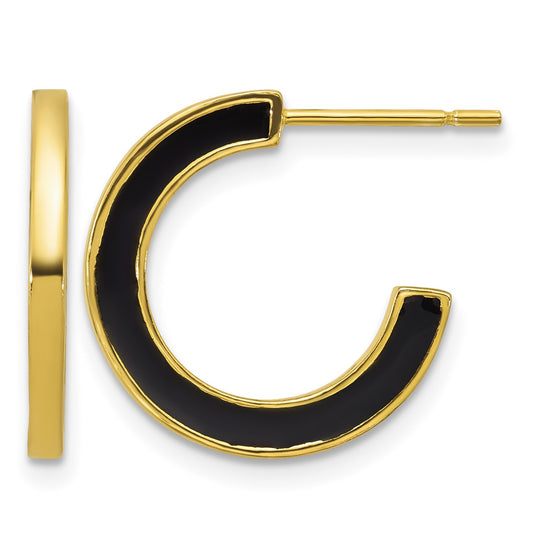 Sterling Silver Gold-tone Polished Black Enamel 18x2mm Post C-Hoop Earrings