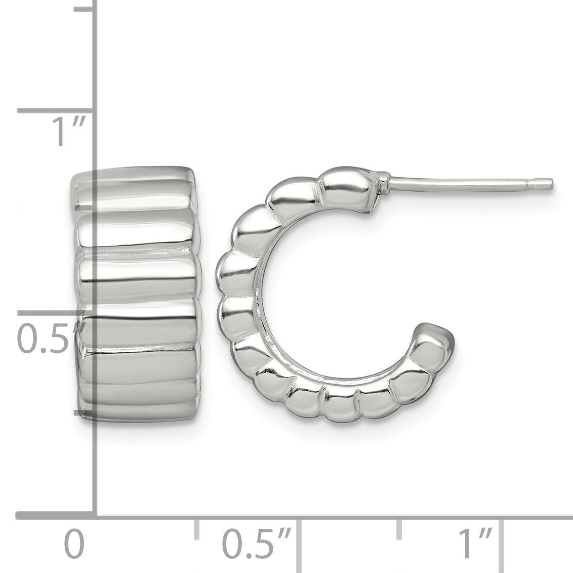 Sterling Silver Polished and Ridged 8.0mm Post C-Hoop Earrings