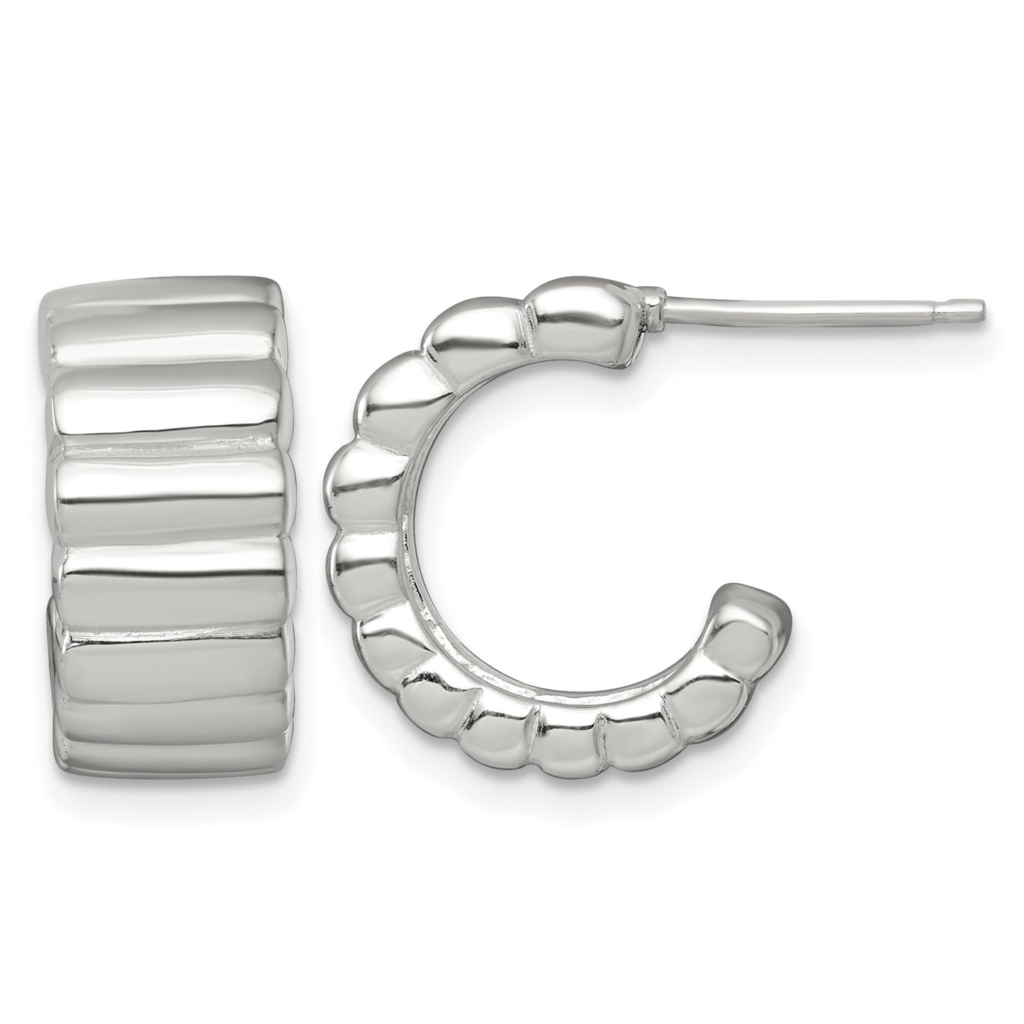 Sterling Silver Polished and Ridged 8.0mm Post C-Hoop Earrings